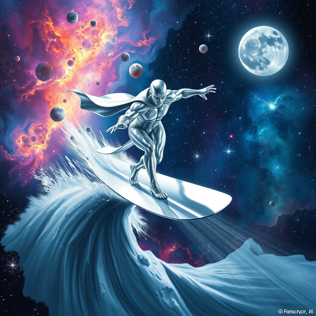 Silver Surfer Gliding Through Space in Hyperreal 3D