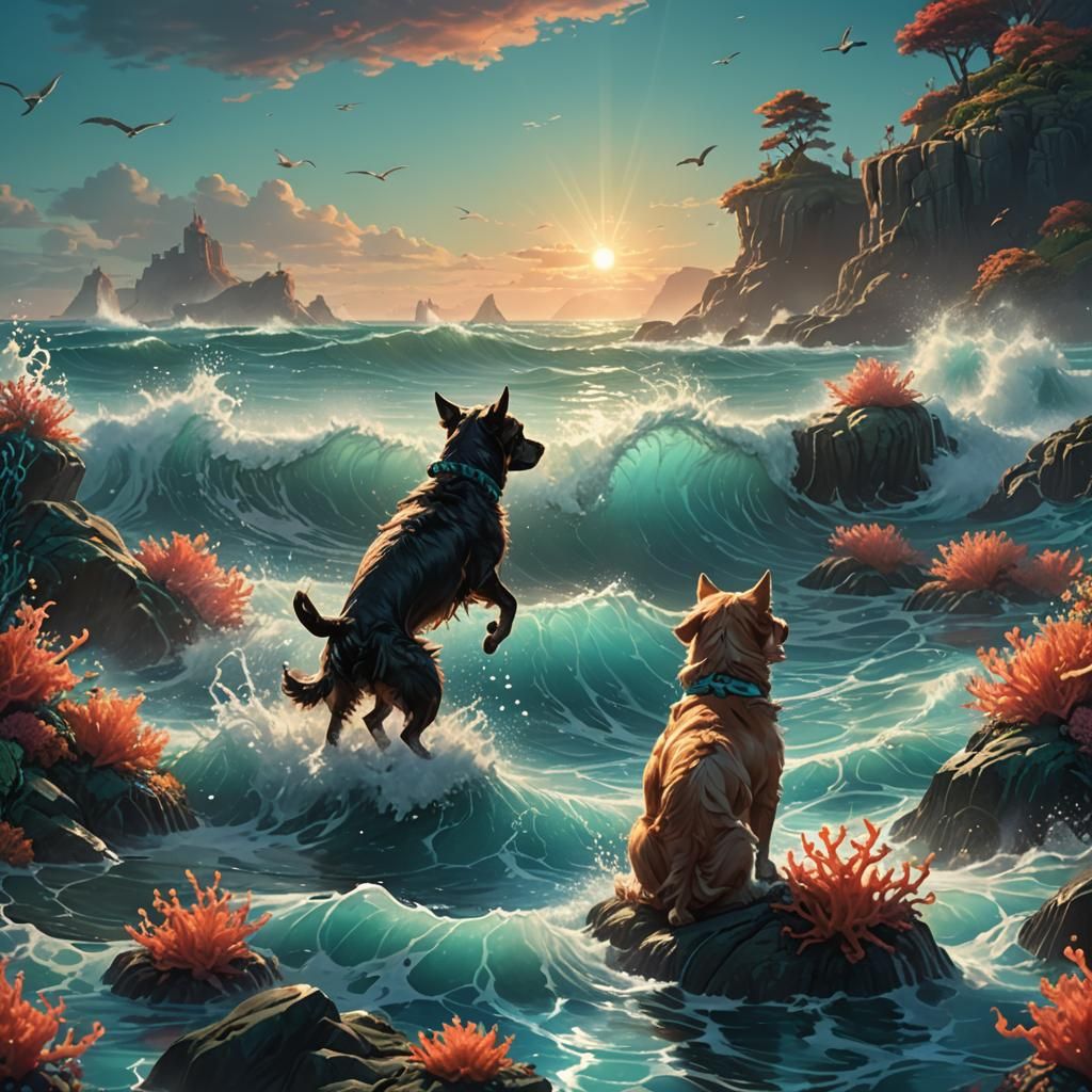 Dog and Cat Play in Turquoise Ocean
