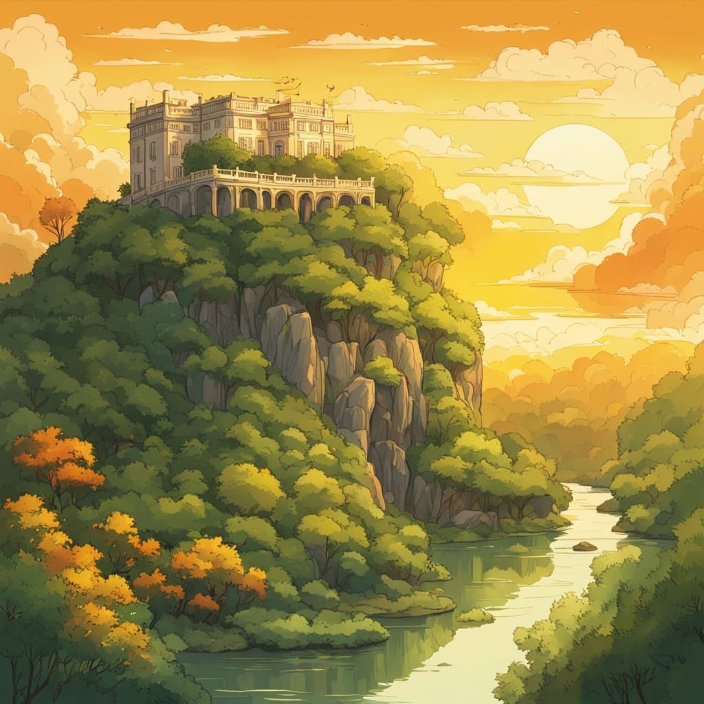 Fantastical White House on Rocky Outcrop at Sunset