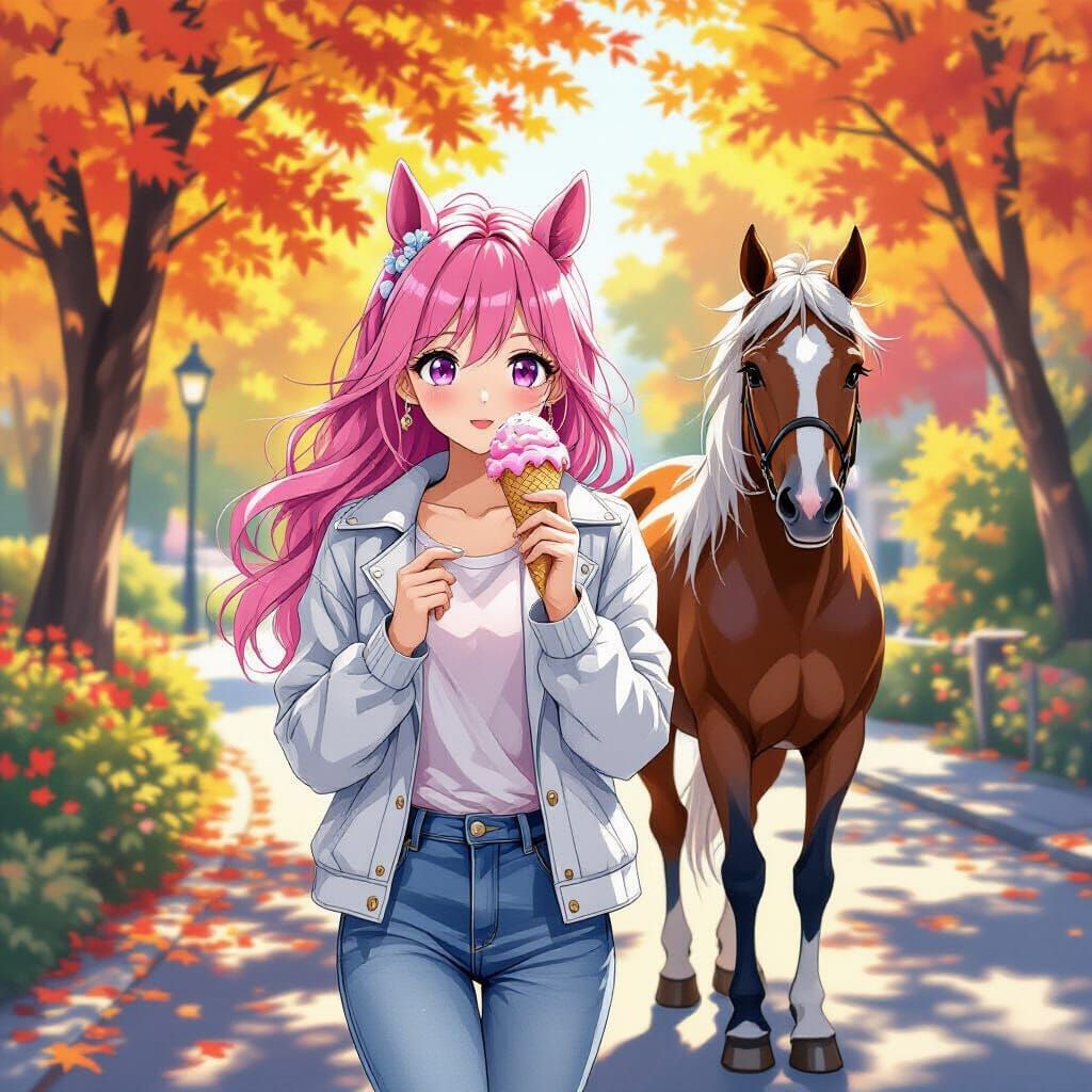Anime Girl with Pink Hair and Horse Ears with Cute Horse in ...