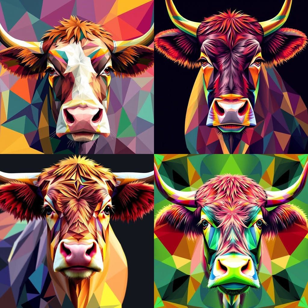 Vibrant Triangle Portraits of a Close-Up Cow