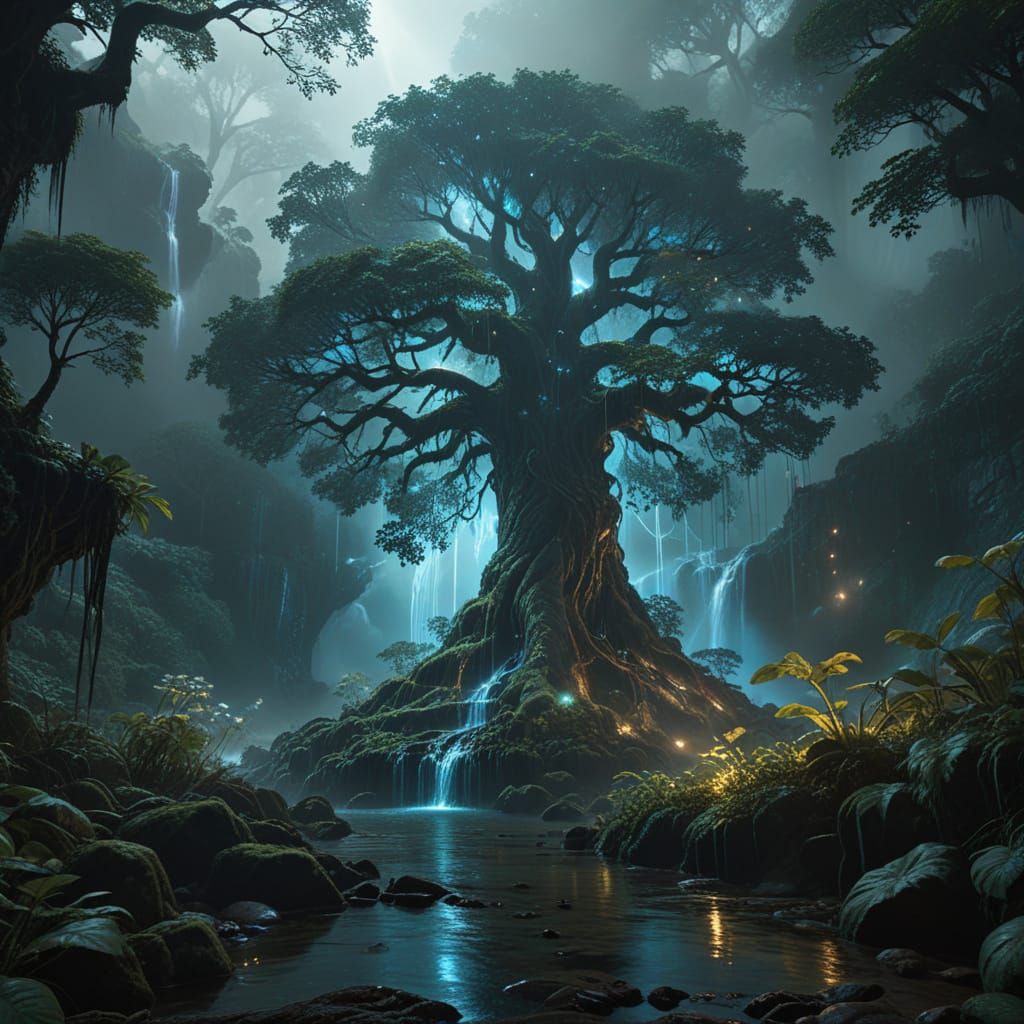 Ancient Bioluminescent Tree Guards Mystical Waterfall
