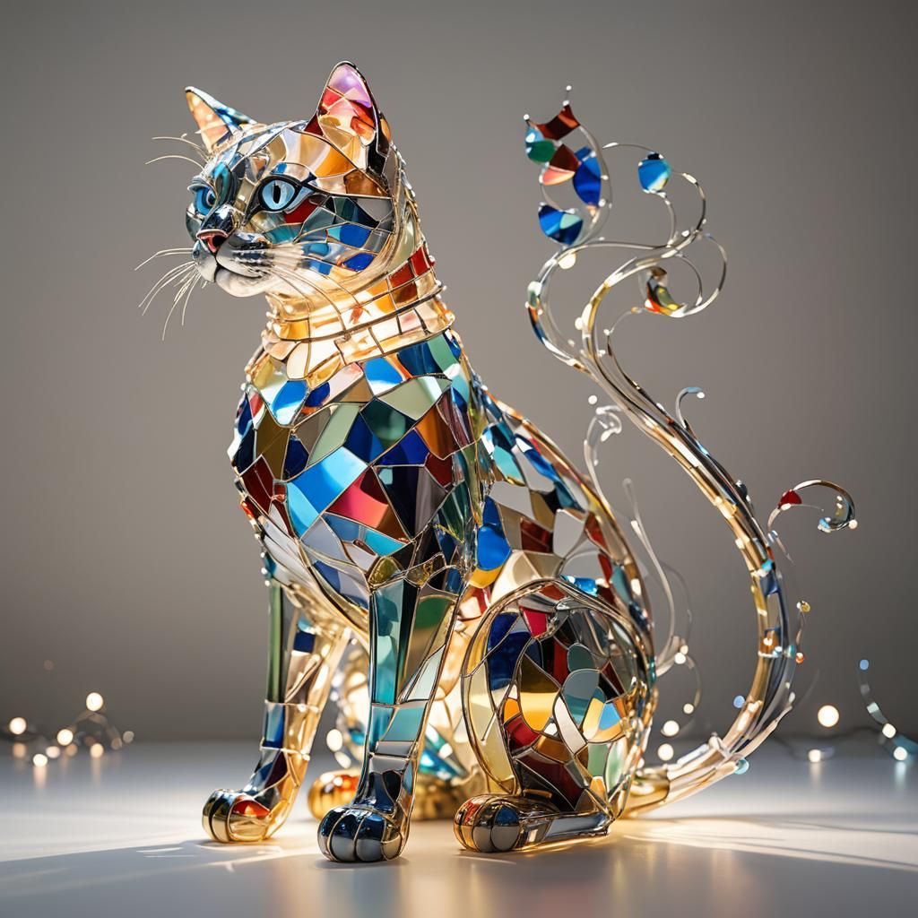 Abstract Cat Sculpture in Glass and Mirror