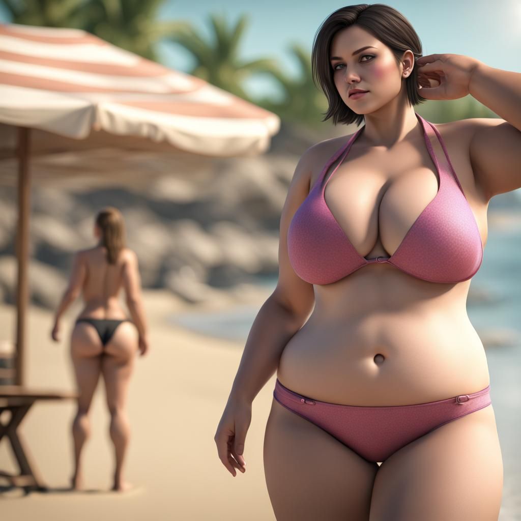 Voluptuous Woman in Bikini on Beach, 3D Render
