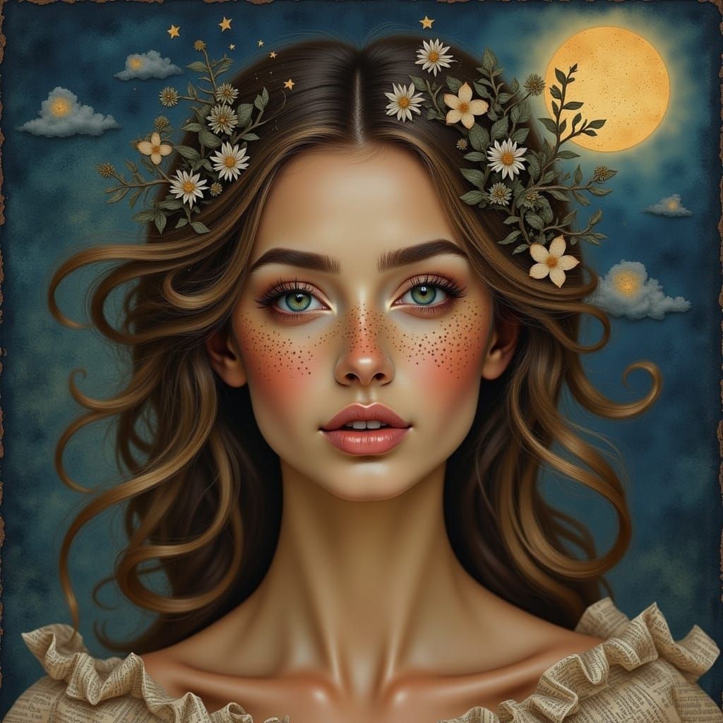 Freckled Woman in Starlight: A Mixed Media Portrait