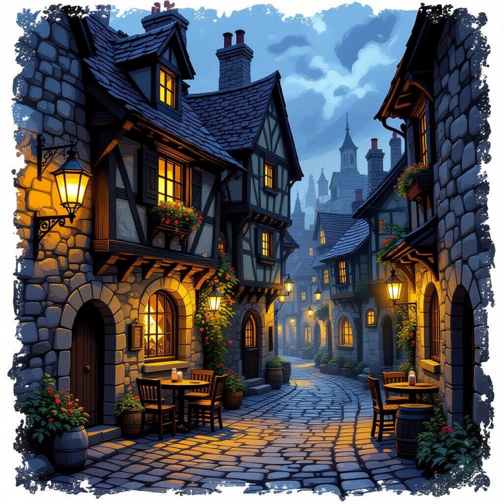 Old Town Alleyway with Empty Taverns and Lanterns