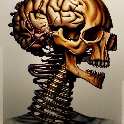 Reanimated Skull Portrait with Mechanical Jaw, Watercolor Ar...