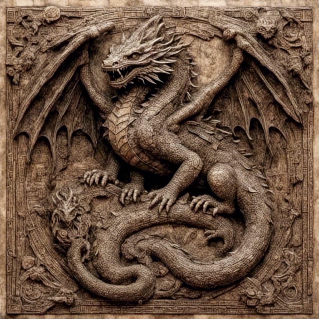 Ornate Stone Relief of Dragon Sharing Flame