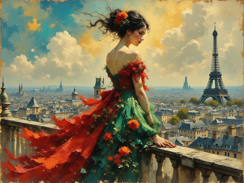 Regal Woman on Paris Rooftops in Dreamy Gouache Style