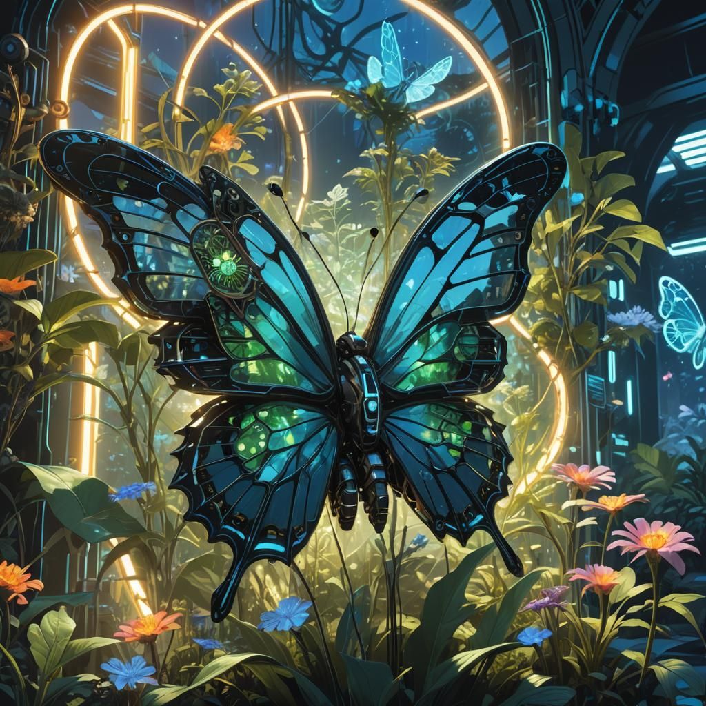 Cyborg Butterfly on Bioluminescent Flower in Futuristic Gard...