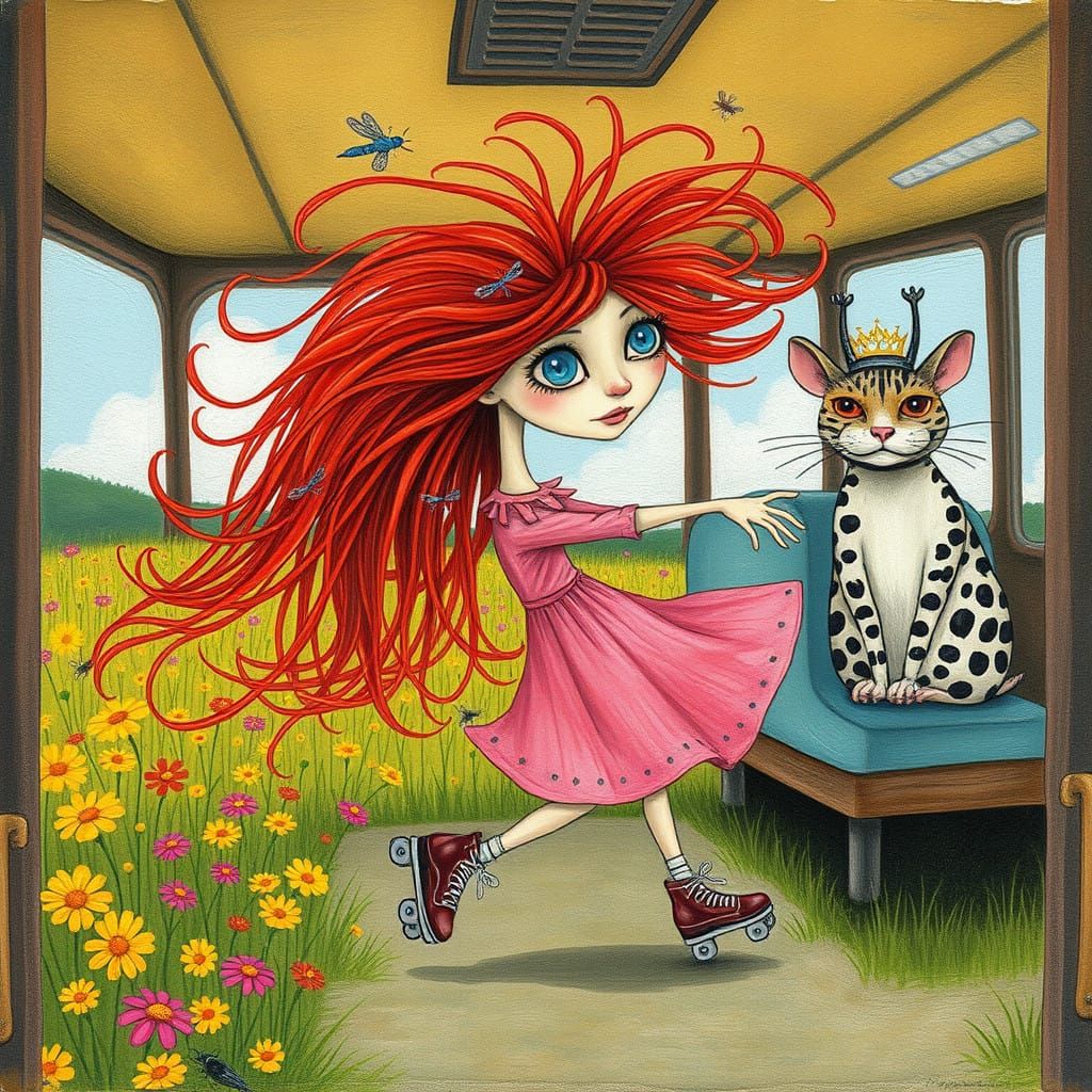 Whimsical Girl with Dragonflies in Hair on Roller Skates