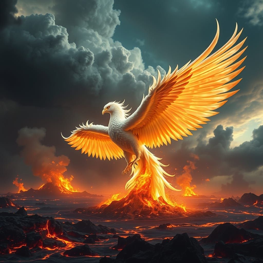 Fiery Phoenix Emerges from Embers in Cinematic Fantasy Art
