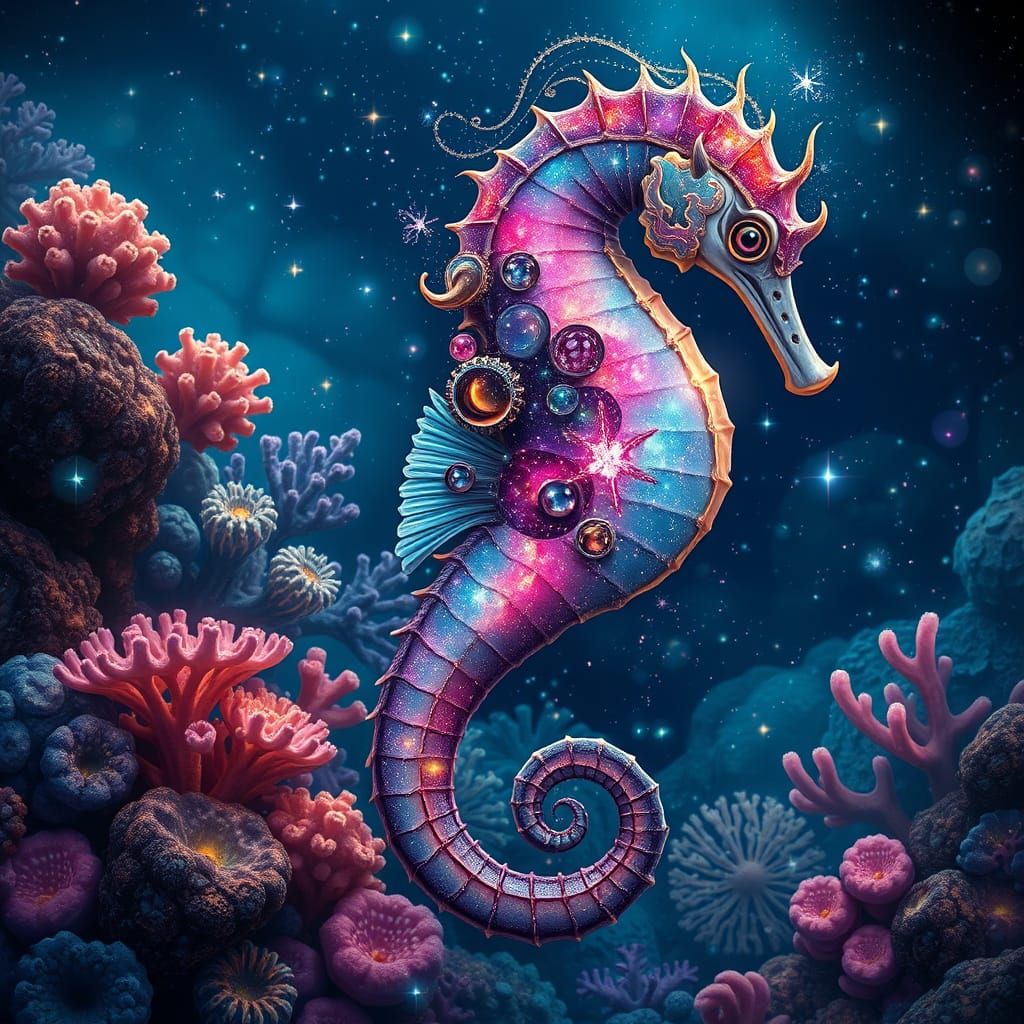 Ethereal Seahorse in Cosmic Coral Reef