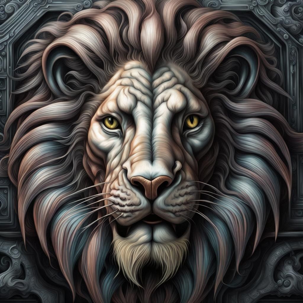 Metallic Lion in Hyperrealistic Giger Style