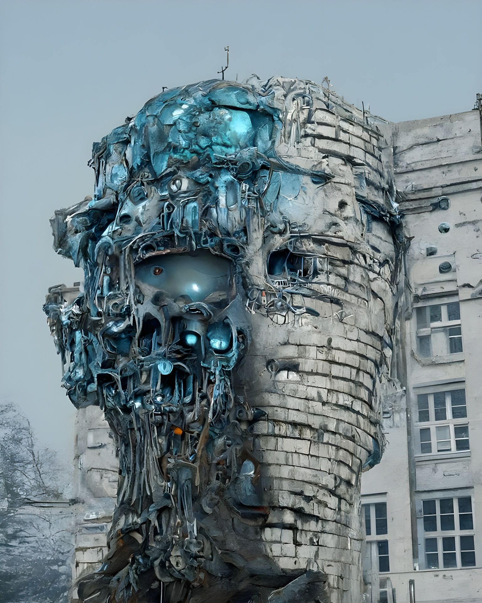 Gigantic Robotic Face in Biopunk Style