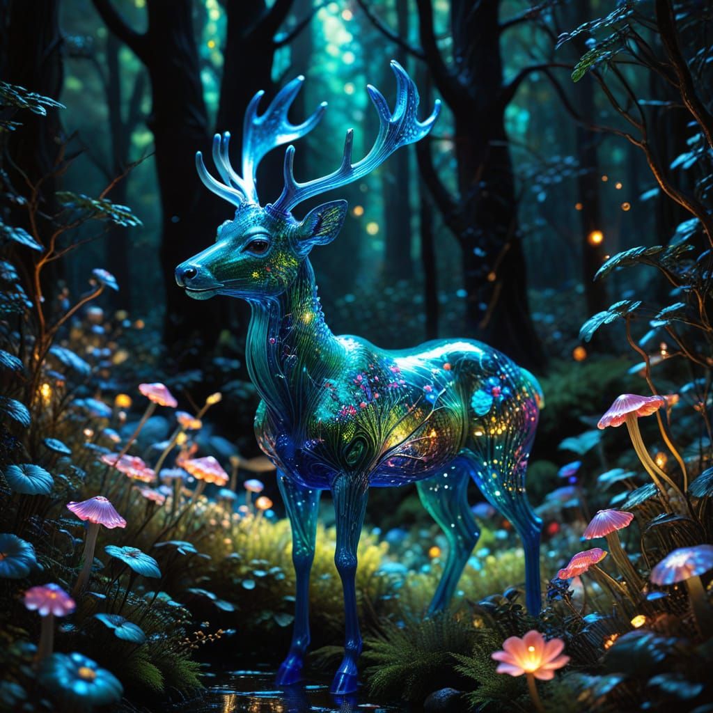 Iridescent Glass Deer in Bioluminescent Forest