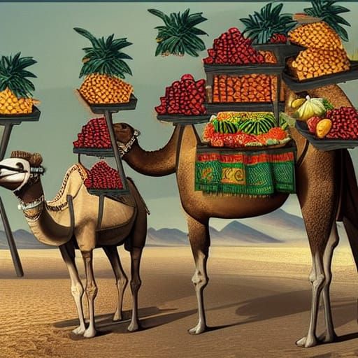 Arabic Fruit Trader Riding Camel in Desert
