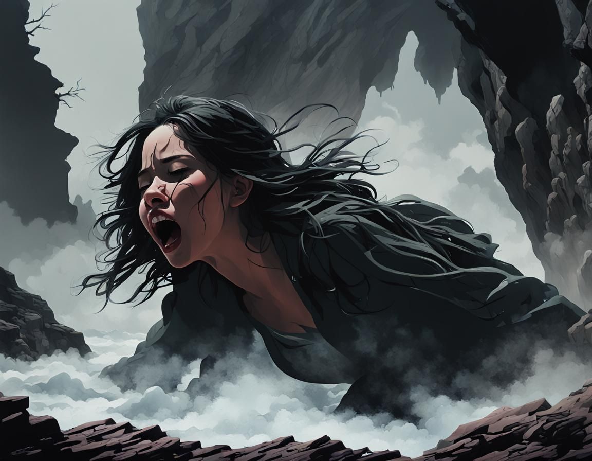 Girl Shrieking on Cliff in Neo-Impressionist Style