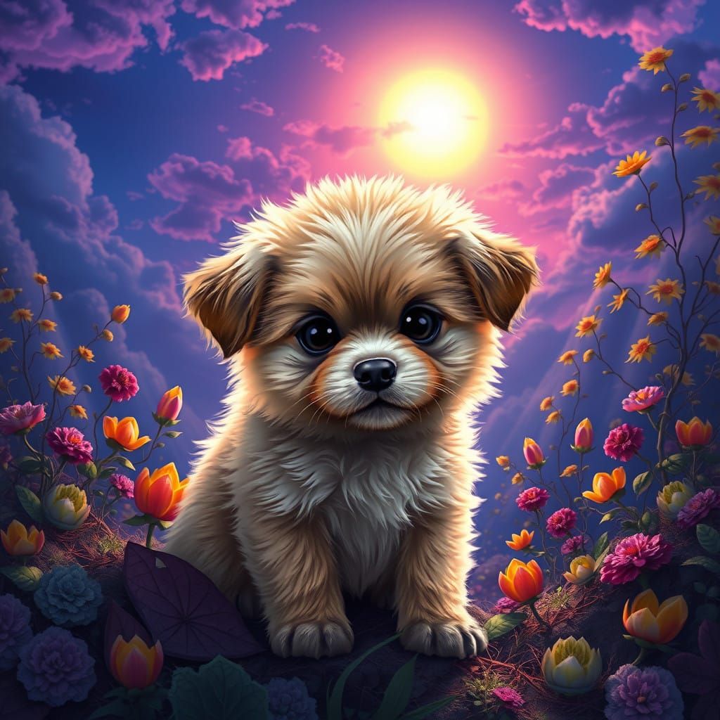 Surreal Fantasy Puppy Scene in Photorealistic Style