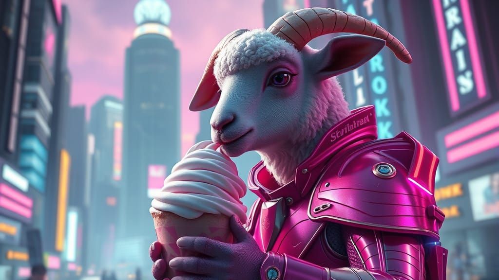 Neon Armored Lamb Enjoys Ice Cream in Cyberpunk City