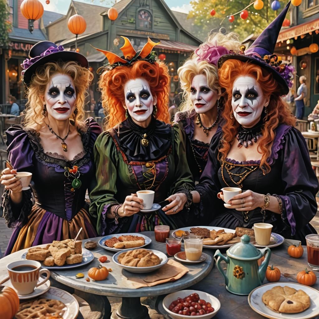 Hocus Pocus Witches as Clowns in Whimsical Cafe