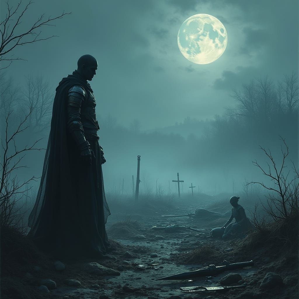 Spectral Warrior on Foggy Battlefield at Night