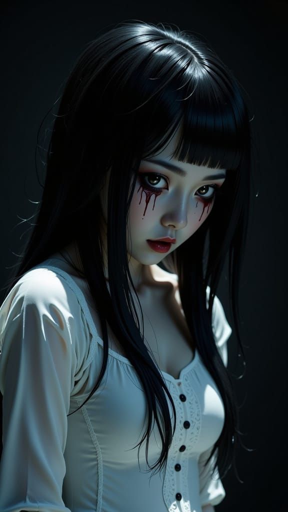 Eerie Sadako Close-Up in Junji Ito Horror Style