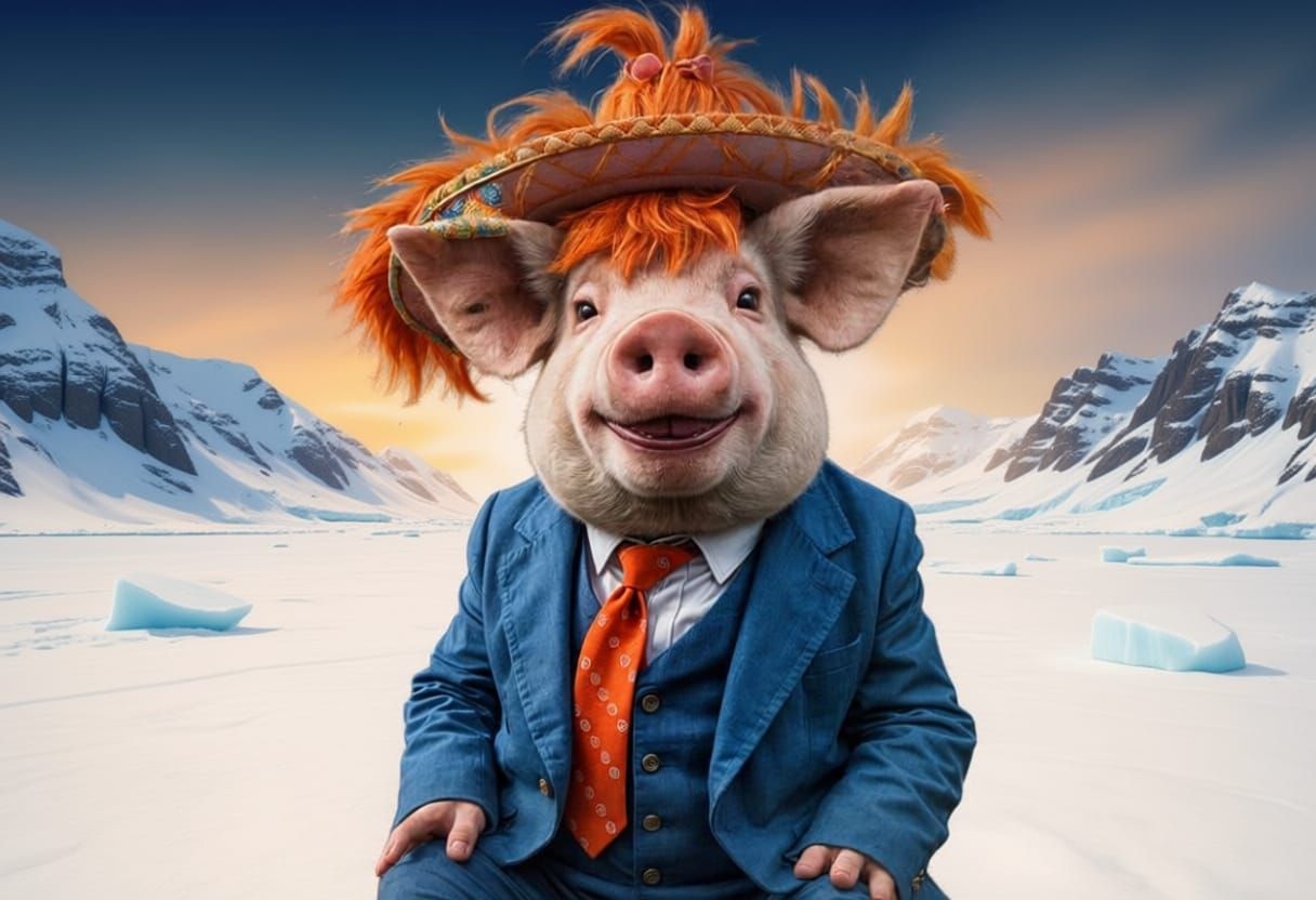 Hyperrealistic Pig in Orange Wig and Blue Suit