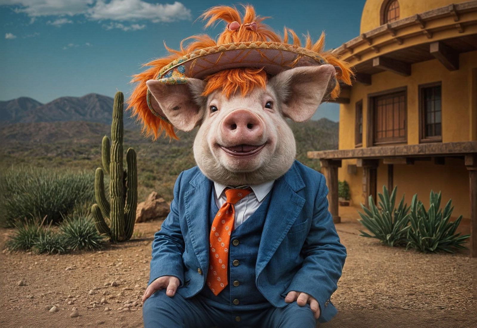 Hyperrealistic Pig with Wig and Sombrero
