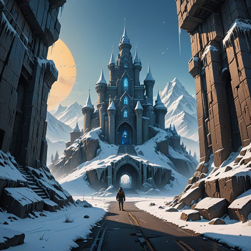 Majestic Ice Fortress Shines with Golden Glory Amidst Frosty...