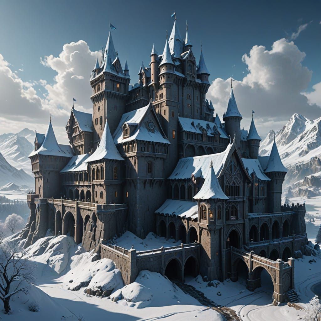 Gothic Ice Fortress Hidden in the Mountains with Glowing 3D...