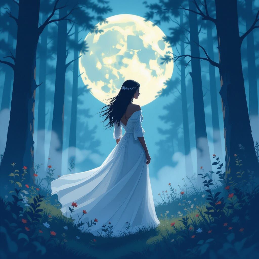 Ethereal Woman in Moonlit Forest, Dreamy Art