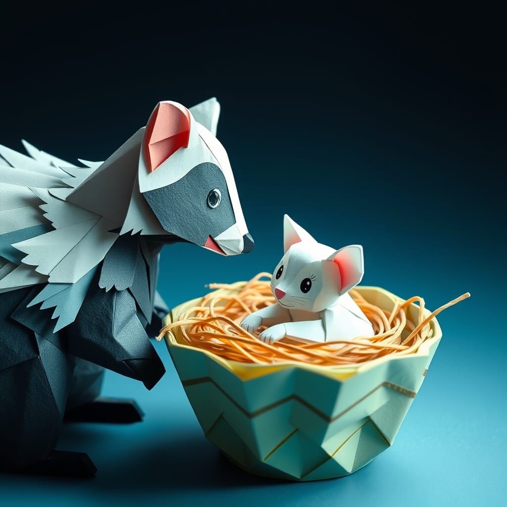 Origami Skunk and Kitten in Sisal Basket