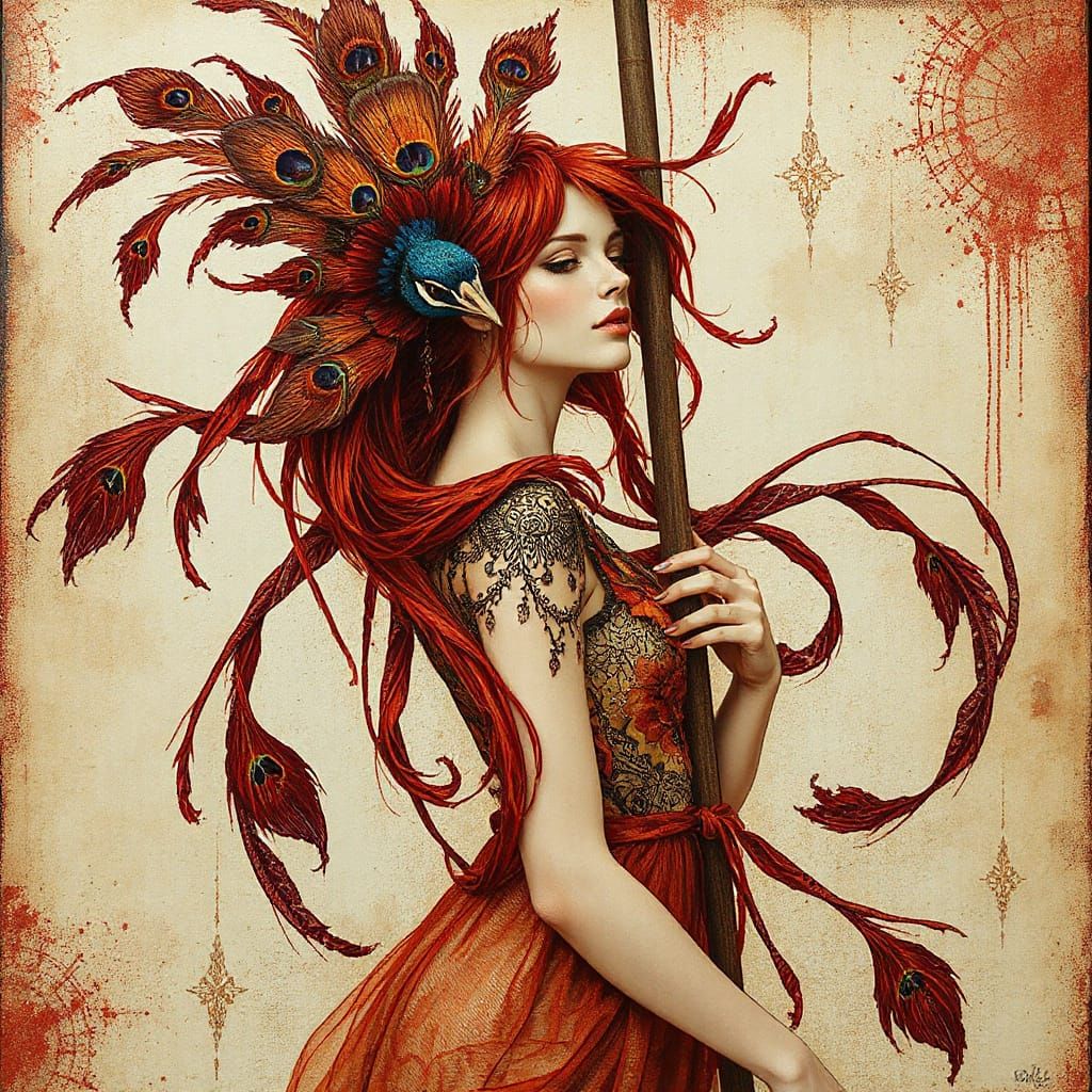Peacock Feather Haired Woman in Encaustic Mixed Media