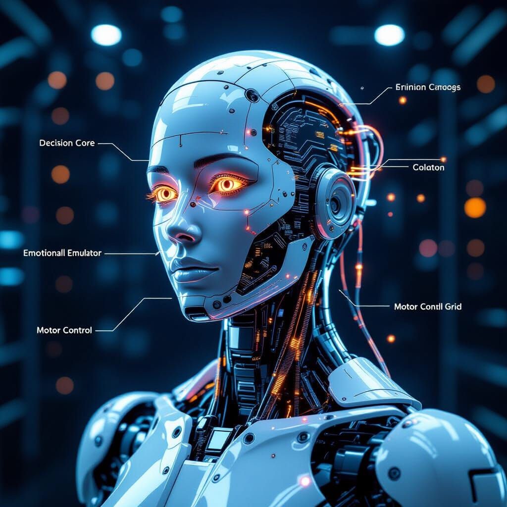 Transparent Robot Head with Neural Circuits in Cyberpunk Sty...