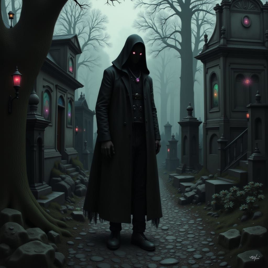 Highgate Cemetery Shadow Figure in Dark Surrealism Style