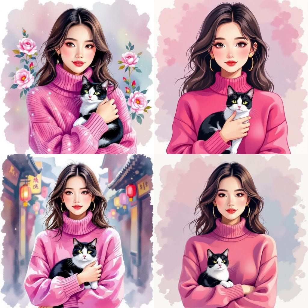 Modern Chinese Woman with Cat, Watercolor Style