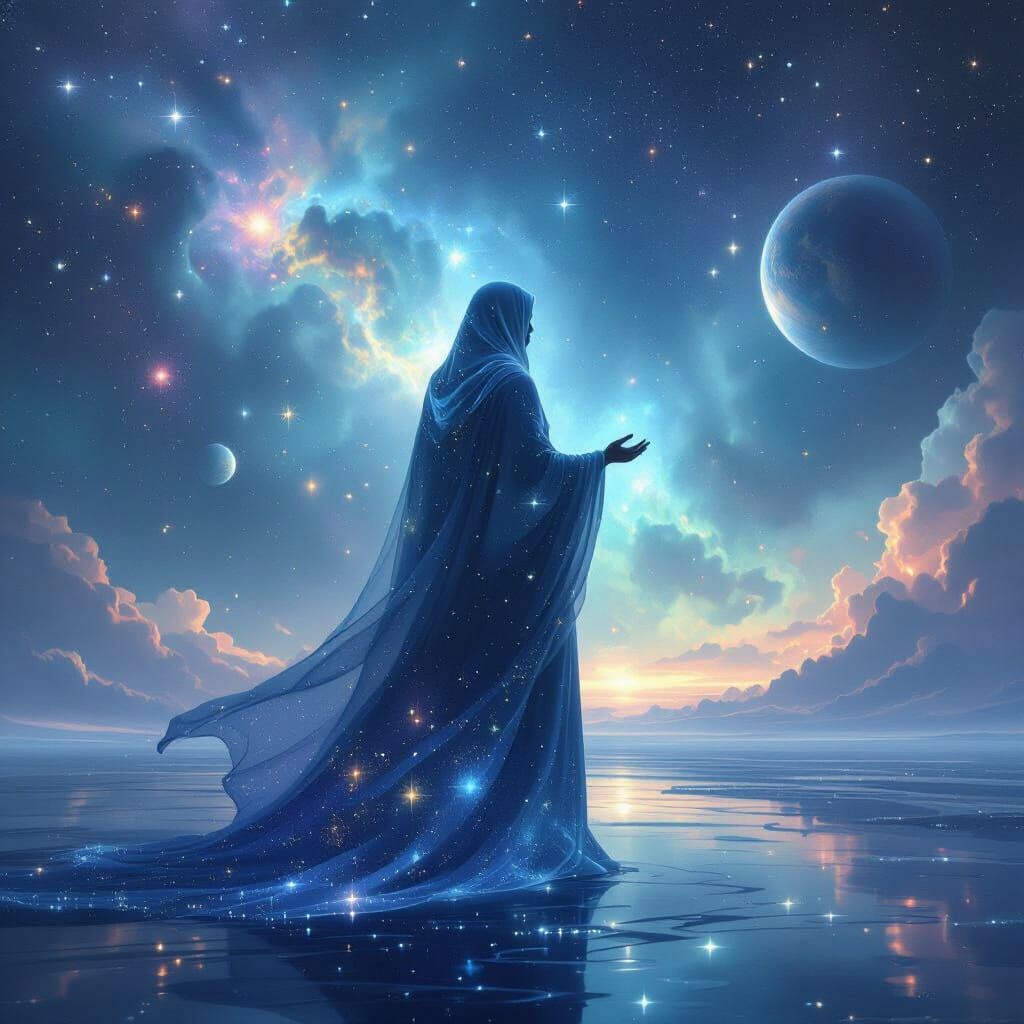 Mystical Cosmic Figure in Star Robes, Digital Matte Painting
