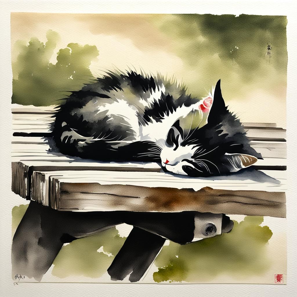 Kitten Sleeping: Sumi-e Ink Wash Painting