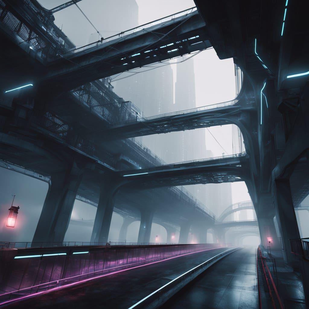 Futuristic Bridge in Neon Lit Chasm