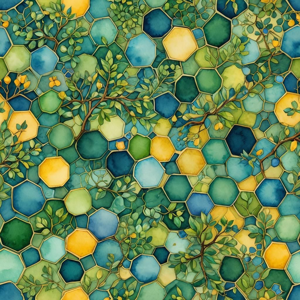 Watercolor Branch with Hexagonal Pattern Background