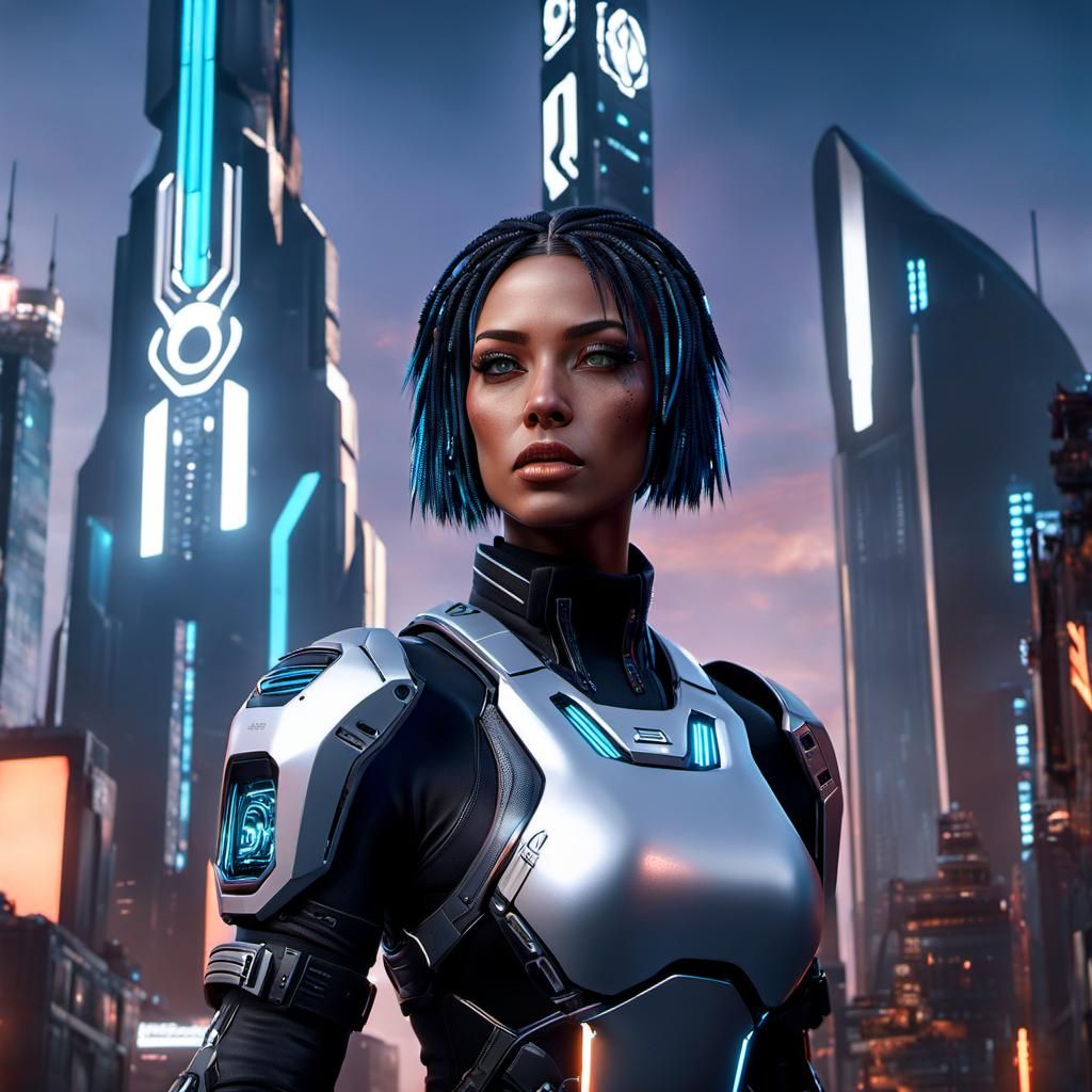 Biopunk Cybernetic Woman in Cyberpunk City