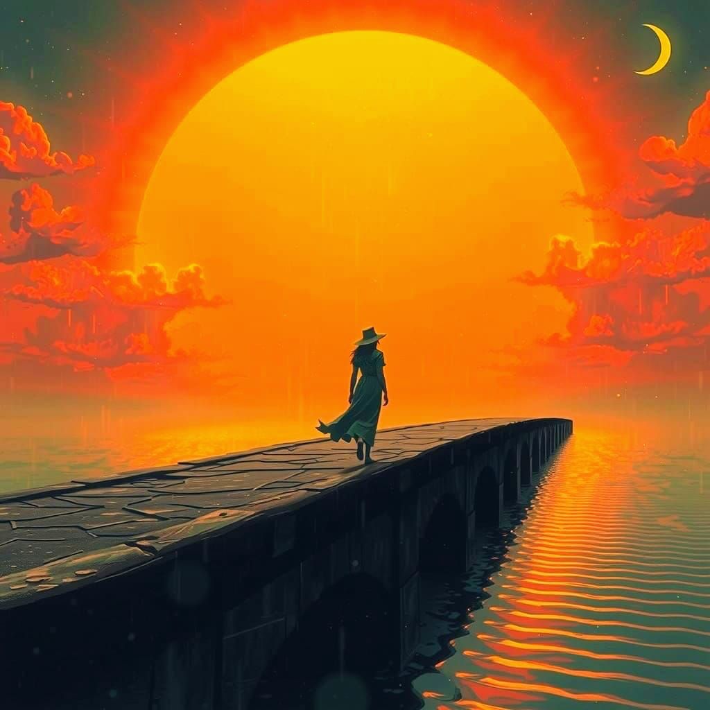 Surreal Woman Walks Under Gigantic Orange Sun and Rainbow
