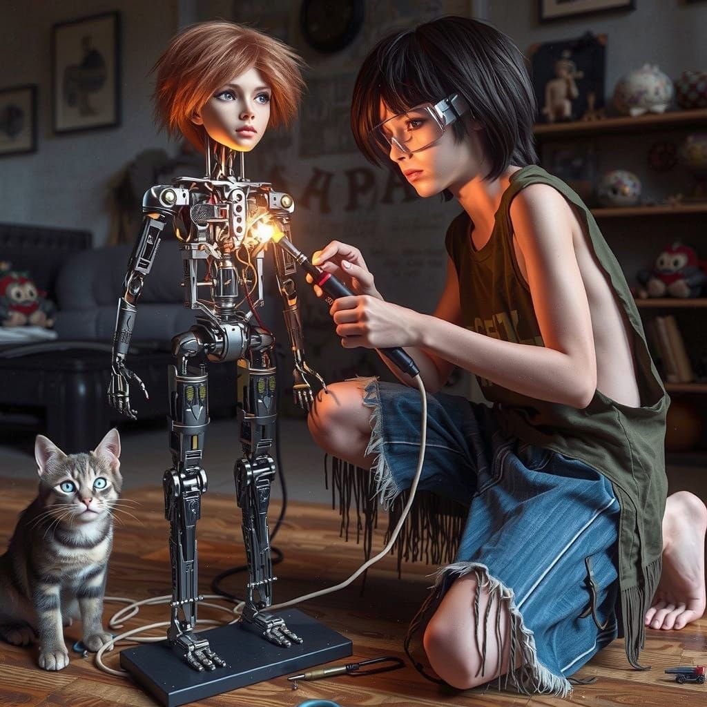 Cyberpunk Robot Stands Proud in Futuristic Cityscape