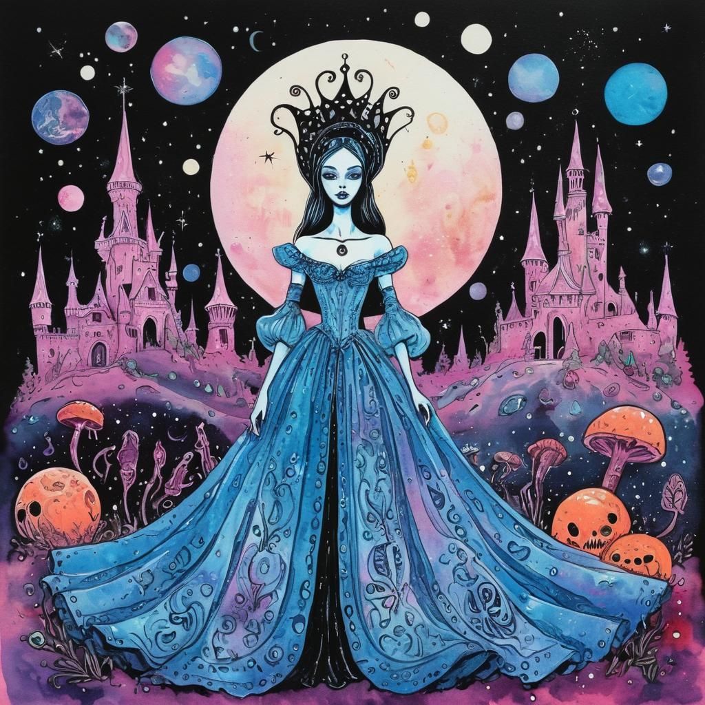 Gothic Alien Cinderella in Psychedelic Gouache Style