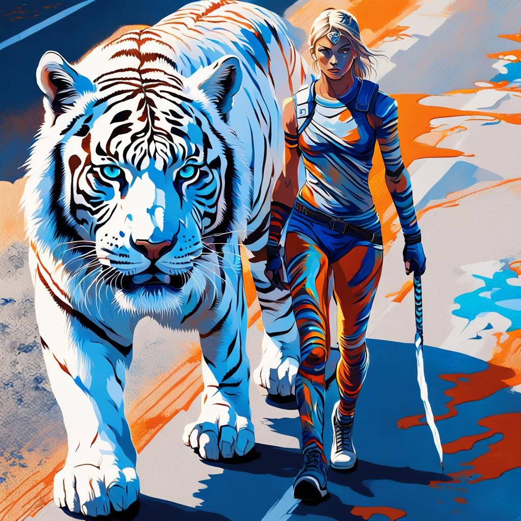 Warrior and White Tiger in Vibrant Street Art
