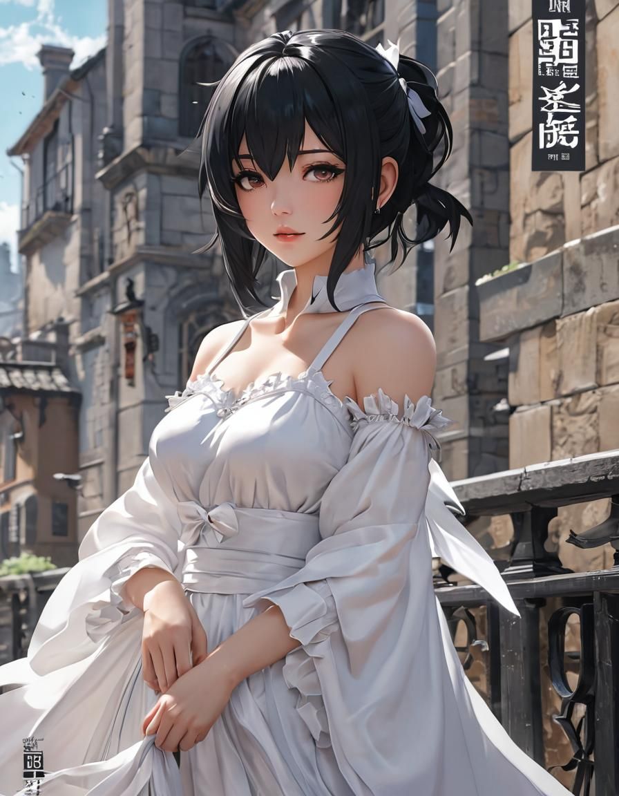 Anime Magazine Cover Girl in White Dress Arknights Style