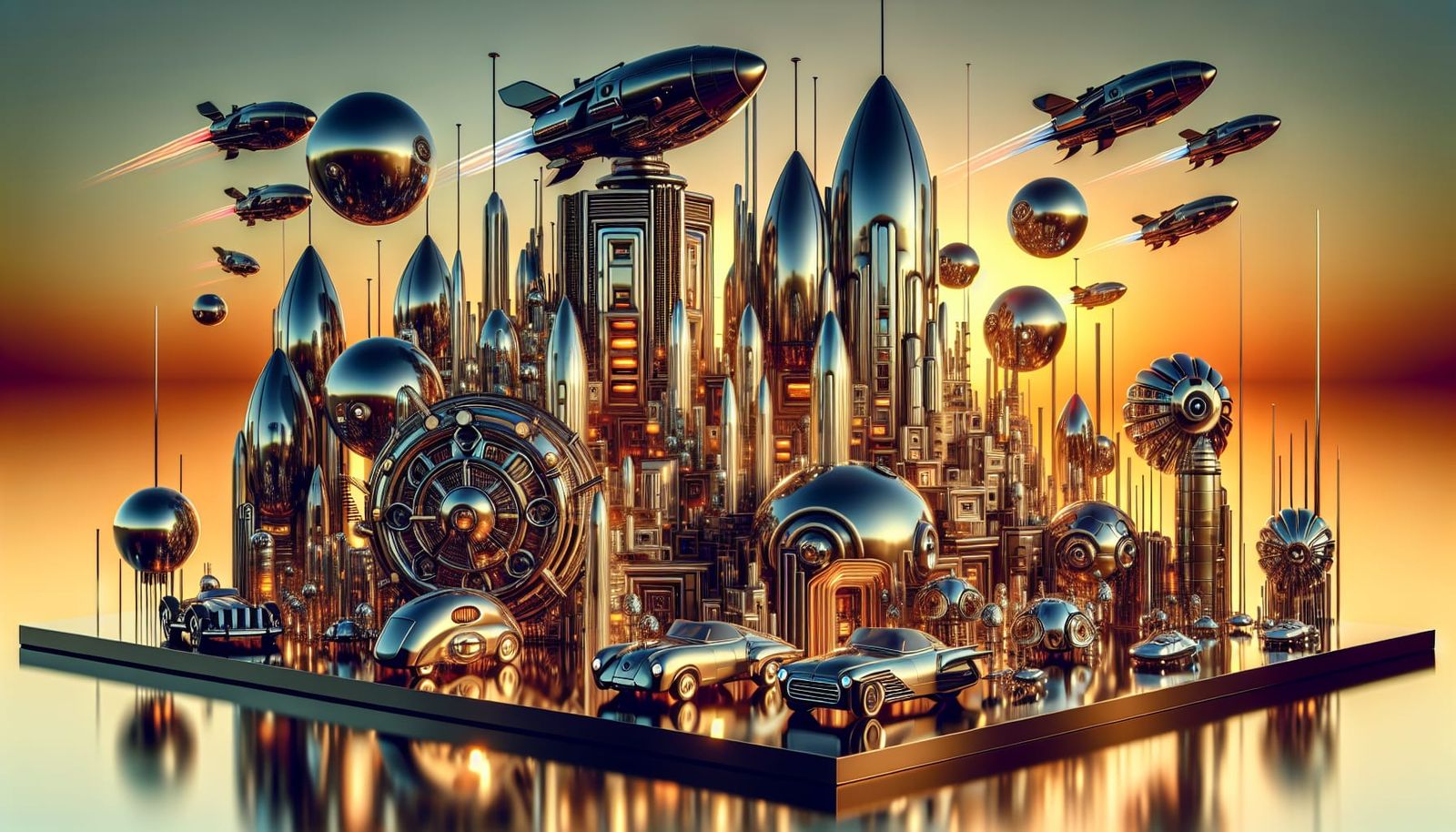 Retro Atomic-Punk Cityscape with Flying Cars