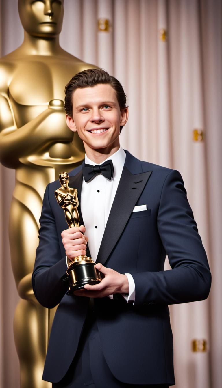 Tom Holland holding the Academy Awards Oscar Trophy