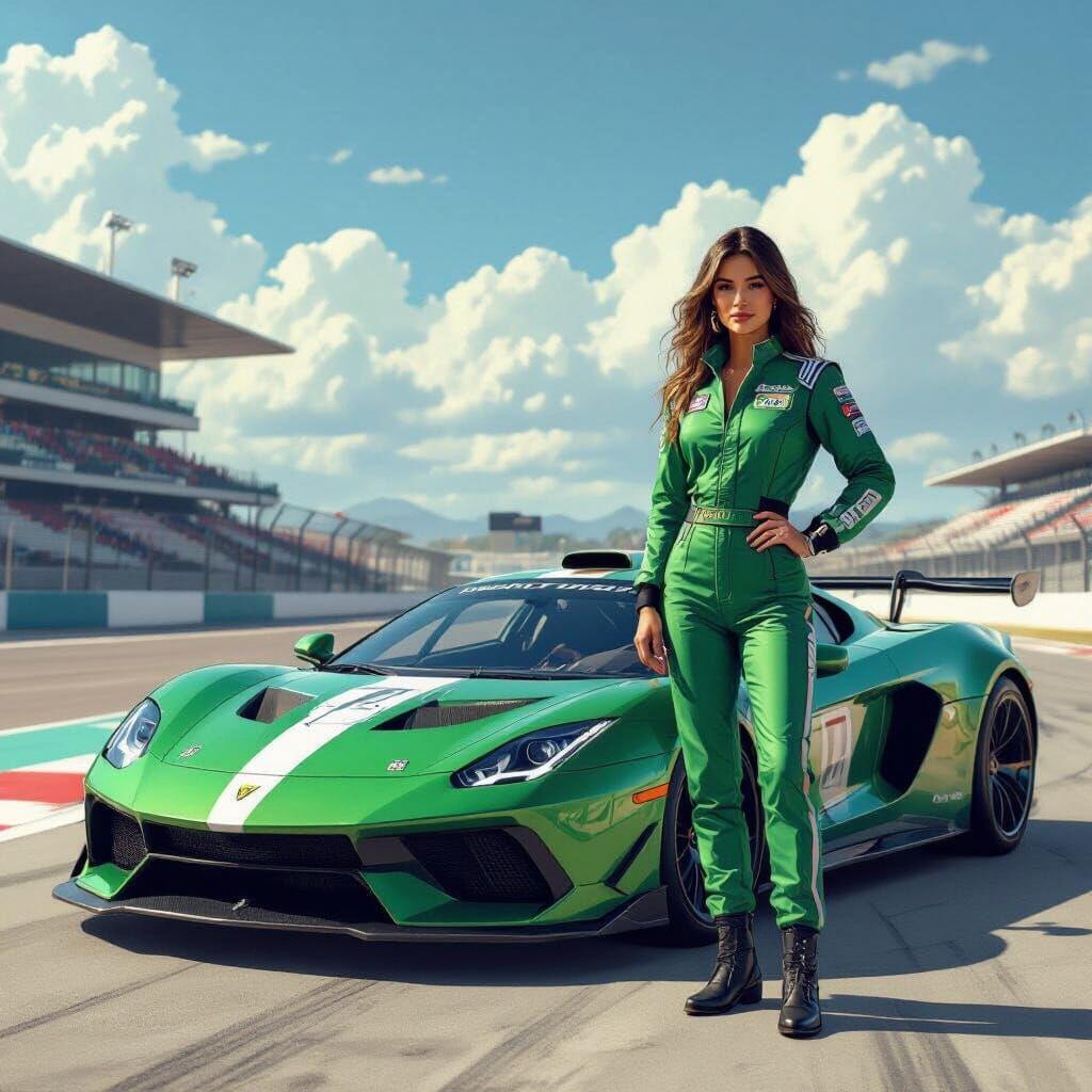 Confident Racer Poses with Sportscar, in Digital Art Style